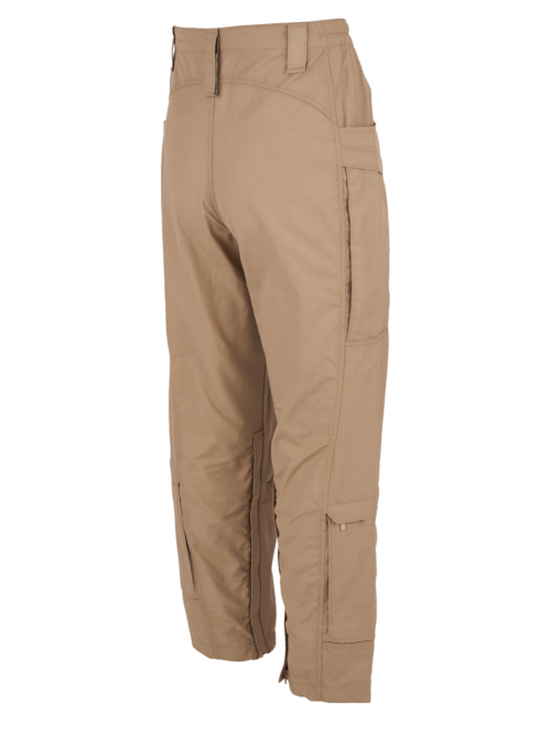 2 Piece Flight Suit Pant – NVTan – Back The back view of a pair of Flight Suit Pants in Tan. The pants feature belt loops multiple pockets with zippers and flap closures on the legs and hips and zippers near the ankles. The fabric appears to be durable.