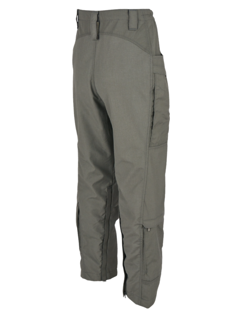 2 Piece Flight Suit Pant – Sage Green – Back The back view of a pair of Massif 2-Piece Flight Suit Pants in a solid olive green color. The pants feature belt loops multiple pockets with zippers and flap closures on the legs and hips and zippers near the ankles.