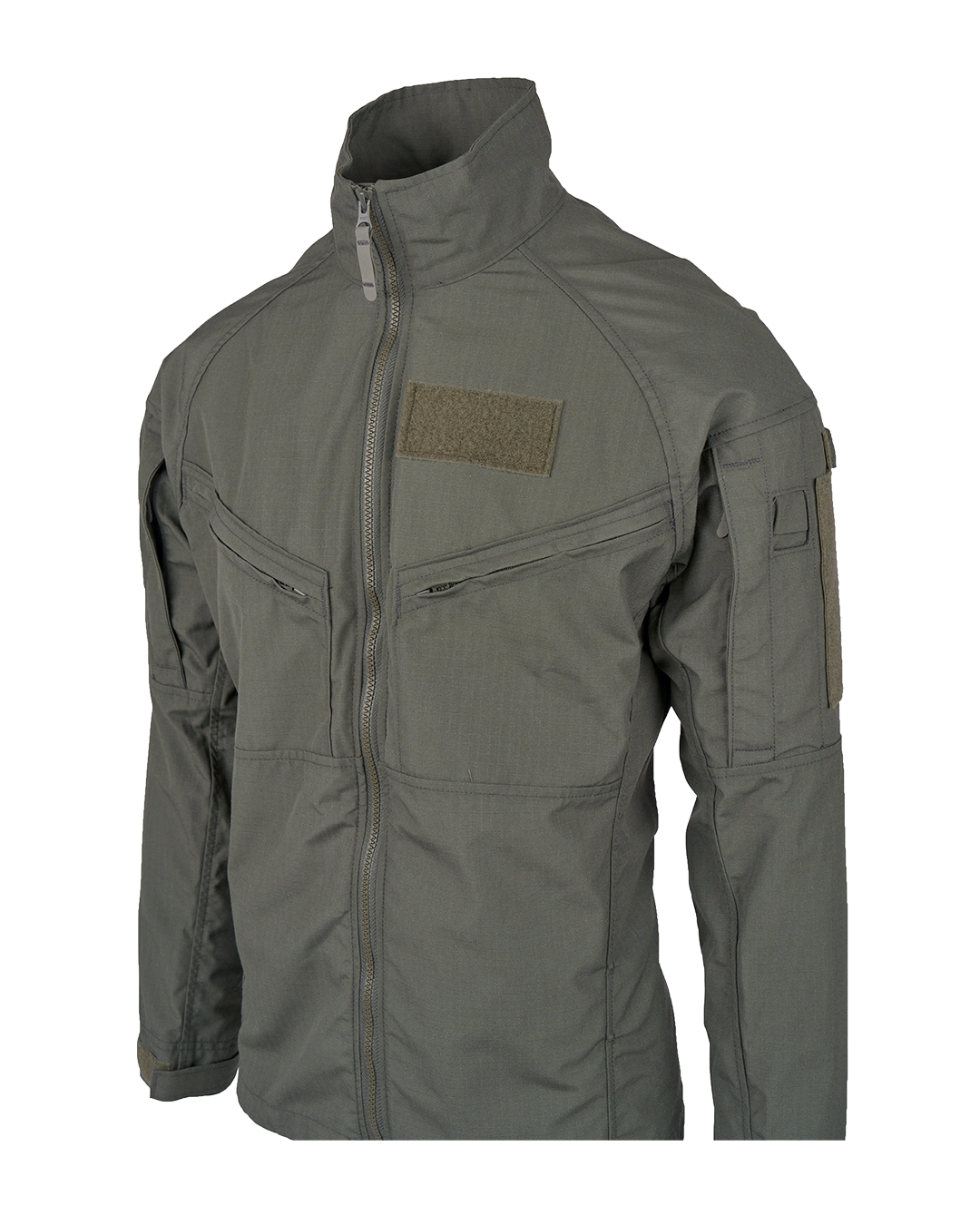 A Massif 2-Piece Flight Suit Jacket in a green color displayed on a white background. The jacket features a full zipper a stand-up collar long sleeves and multiple pockets with zippers and velcro closures.