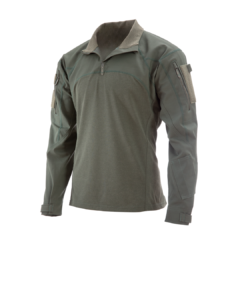 A solid green tactical jacket with a high collar and a few pockets on the sleeves. The jacket features a quarter-zip front and Velcro patches on the shoulders designed for rugged outdoor or operational use. A brown undershirt is visible at the collar. The background is plain white emphasizing the jacket's details.