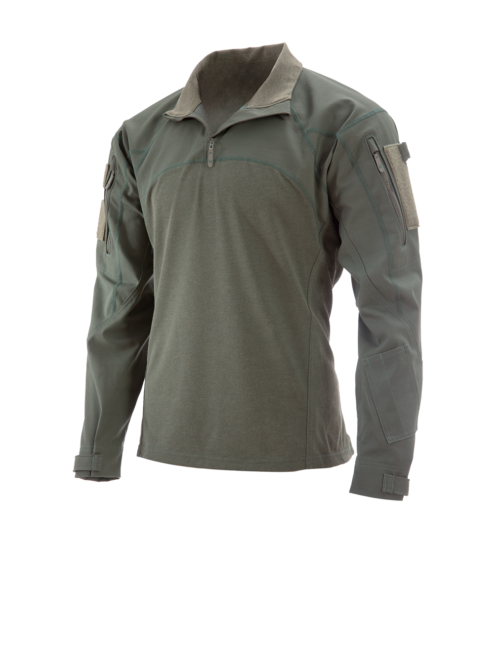 A solid green tactical jacket with a high collar and a few pockets on the sleeves. The jacket features a quarter-zip front and Velcro patches on the shoulders designed for rugged outdoor or operational use. A brown undershirt is visible at the collar. The background is plain white emphasizing the jacket's details.