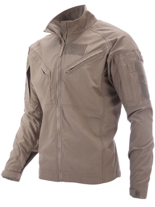 Tan tactical flight suit jacket with multiple pockets and high collar