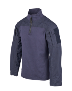 Front view of the men's navy tactical pullover shirt designed for rugged use featuring a quarter-zip front with a high collar long sleeves with reinforced elbows Velcro patches and small pockets on the upper arms and a durable breathable polyester-cotton blend.