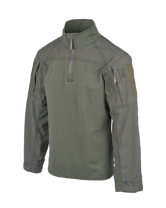 Front view of the men's olive green tactical pullover shirt designed for rugged use featuring a quarter-zip front with a high collar long sleeves with reinforced elbows Velcro patches and small pockets on the upper arms and a durable breathable polyester-cotton blend.