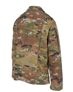 Back view of the men's camouflage jacket a collar and long sleeves with the woodland camo pattern of green brown and tan .