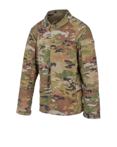 Front angled view of the men's camouflage jacket in a woodland camo pattern of green brown and tan featuring a full front button closure a collar.