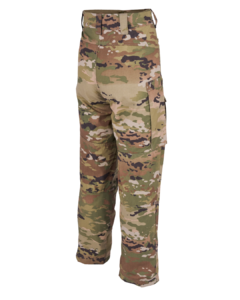 A rear view of the featuring a woodland camouflage design in green brown and tan hues. With cargo pockets and a straight-leg cut.