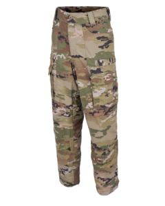 Front view of the pair of the men's camo cargo trousers featuring a woodland camouflage design in green brown and tan hues built for tough outdoor use with a mid-rise waist belt loops a buttoned front thigh cargo pockets for extra storage a straight-leg cut reaching the ankles.