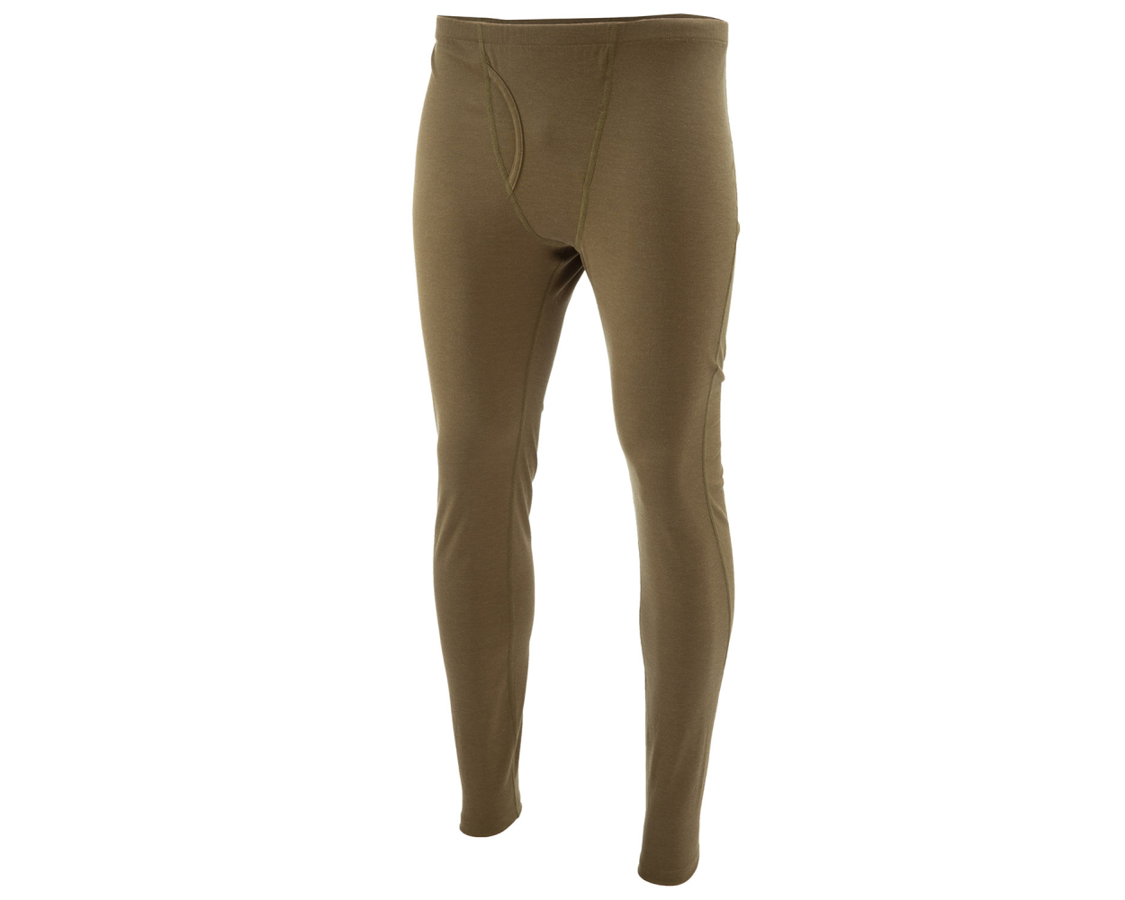 Tan midweight long underwear bottoms with a front fly and fitted legs