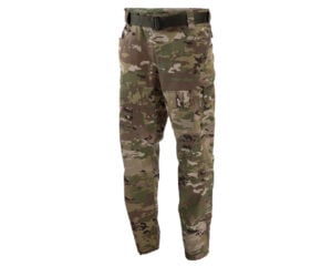 Camouflage pants with a black belt displayed on a white background. The pants feature a multi-colored camouflage pattern with shades of green brown and beige. They have a black belt with a plastic buckle and multiple pockets with flap closures on the legs.