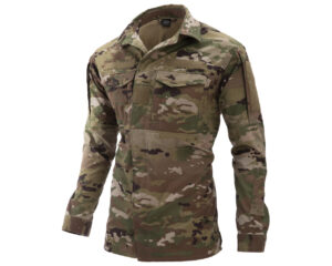 The Massif Utility Uniform Blouse in MultiCam camouflage displayed on a white background. The long-sleeved blouse features a button-up front a traditional collar two chest pockets with button closures and loop fields on both upper sleeves for attaching patches. The fabric appears durable and suitable for utility purposes.