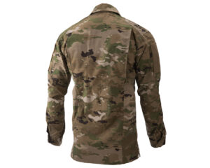 The back view of a Massif Utility Uniform Blouse in MultiCam camouflage. The long sleeves the yoke across the upper back and the loop fields on both upper sleeves are visible.