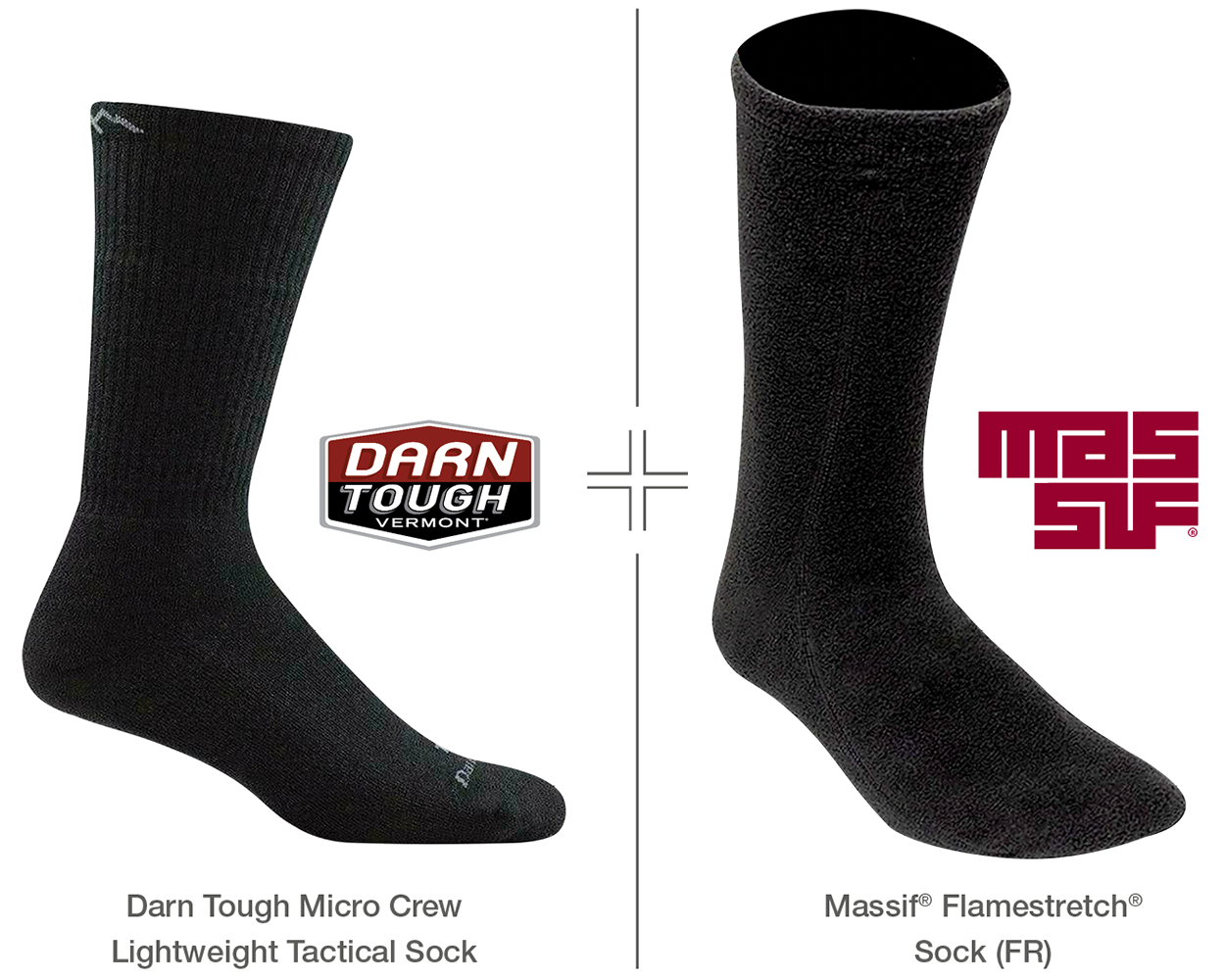 Side-by-side images of Darn Tough Micro Crew Tactical Sock and Massif Flamestretch Sock with logos and descriptions