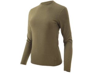 The Women's Long Sleeve Crew Neck Base in tan displayed on a white background. This long-sleeved shirt has a crew neckline and a close fit. The fabric appears to be a soft insulating knit.