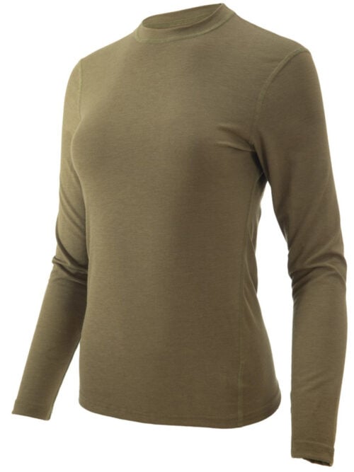 The Women's Long Sleeve Crew Neck Base in tan displayed on a white background. This long-sleeved shirt has a crew neckline and a close fit. The fabric appears to be a soft insulating knit.