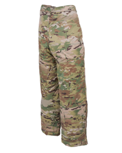 A side-veiw of the camouflage overpants in a woodland camo pattern with shades of green brown and tan designed for cold or rugged conditions featuring a loose fit with an elastic waistband side cargo pockets for storage a straight-leg cut that extends to the ankles.