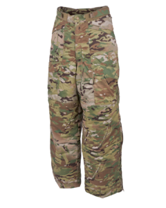Front view of a pair of men's camouflage overpants in a woodland camo pattern with shades of green brown and tan designed for layering over other pants featuring a loose fit with a high-rise waist belt loops a front button closure side cargo pockets for storage.