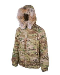 The front view of a camouflage parka jacket showcasing its robust design with a fur-trimmed hood a concealed full front zipper multiple pockets including large patch pockets at the waist and smaller chest pockets and long sleeves with elasticized cuffs.