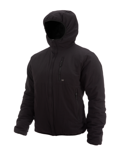 A Strato Insulated Jacket in black. The jacket is insulated and features an attached hood with a black lining a zippered front closure zippered chest pockets with loop fields above them and likely zippered hand pockets.