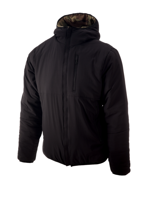 Strato Low Loft Jacket – Black_OCP – Front Hood Down A Strato Insulated Jacket in black with the hood lowered revealing an inner of MultiCam camouflage. The jacket is insulated and features an attached hood with a black lining a zippered front closure zippered chest pockets with loop fields above them and likely zippered hand pockets.
